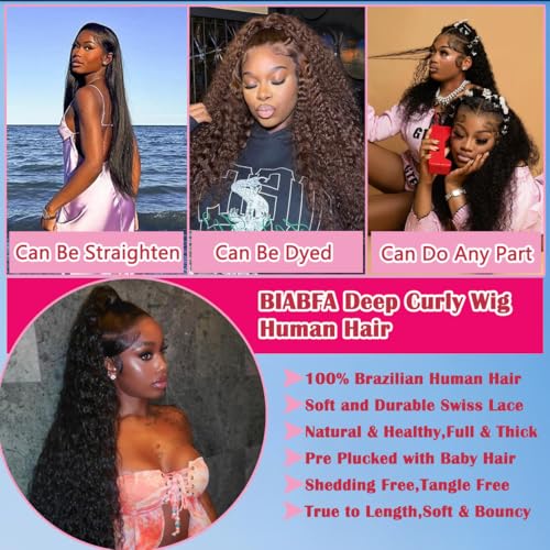 BIANFA 13x6 Natural Black Deep Wave Lace Front Wigs Human Hair 220% Density Curly HD Transparent Lace Frontal Glueless Wigs for Women 18Inch