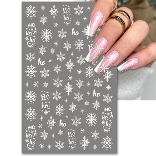 Large Snowflake Nail Stickers, Christmas 3D Self-Adhesive Nail Art Decals - White Snowman Santa Elk Design for DIY Manicure Winter Xmas DIY Nail Decorations (4 Sheets)