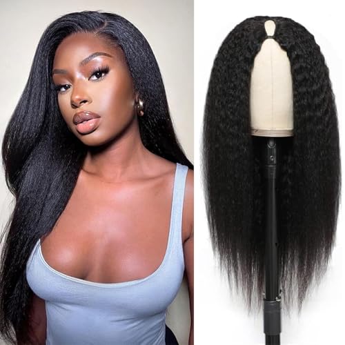 V Part Wig Human Hair Kinky Straight 100% Real Human Hair Upgrade U Part Human Hair Wig 180% Density Beginner Friendly Natural Color (20 inch)