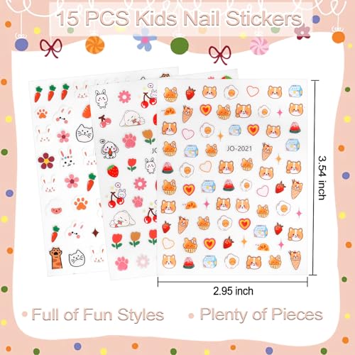 Allstarry Nail Stickers for Kids, 15 Sheets Kids Nail Stickers for Girls Self-Adhesive Nail Decals Cute Animal Fruit Bow Flower Heart Star Sticker Birthday Christmas Gift