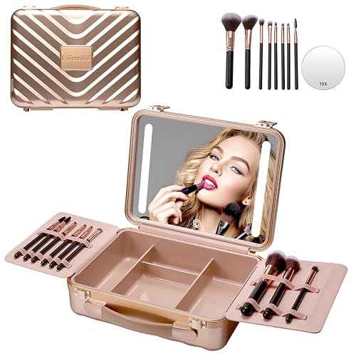 Mocado Travel Makeup Case with Lighted Mirror, Makeup Box with 8 Makeup Brushes and 10x Magnifying Mirror, Adjustable Brightness Makeup Train Case with Makeup Brushes Divider(Rose Gold)