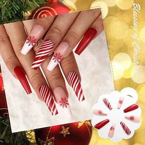 Red Long Press on Nails Glossy Xmas Fake Nails Black Coffin Snowflake Stripe Full Cover Acrylic Nail Christmas False Nails for Women and Girls 24PCS (Type A)