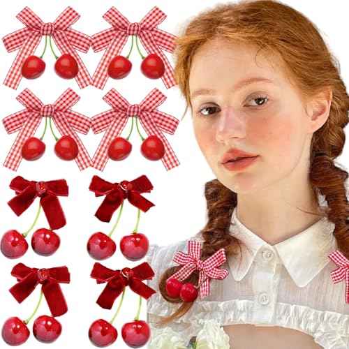 8 Pcs Cherry Bow Hair Clip Sweet Cute Rhinestone Bow Alligator Clips Red White Plaid Hair Barrettes Hair Accessories for Women Girls Christmas Hair Decoration