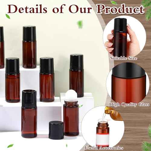 Sumind 24 Pcs 50ml Essential Oil Roller Bottles Glass Roller Deodorant Bottle Brown Roller Ball Container Empty Refillable Rollerball Bottle with Stainless Steel Roller Balls, Funnel and Sticker