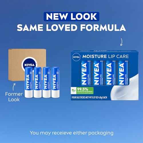 NIVEA Moisture Lip Care, Hydrating Lip Balm with Shea Butter, Nourishing Oils and Vitamin C & E, 3-in-1 Moisture, Repair and Nourish, 0.17 Oz Stick, Pack of 4
