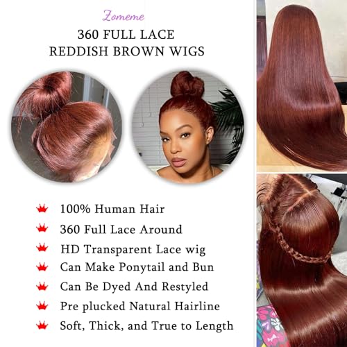 Reddish Brown Lace Front Wigs Human Hair 360 Wig Human Hair Full Lace Straight Colored Ponytail Wig 360 HD Transparent Lace Front Wigs Pre Plucked for Black Women Natural Hairline 22 inch