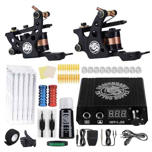 Dragonhawk Traditional Pro Complete Tattoo Kit - Two Machines Gun Easy Use Color Ink Power Supplies Disposable Needles Grips Great for Beginners & Starter Tattoo Aritsts 11-85