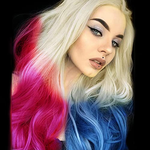 Long Pink Blue Wigs for Women Curly Wavy Blonde Ombre Lace Front Wig Mermaid Real Hair Wigs Natural Hairline Half Pink Blue Colorful Wig Glueless Synthetic Heat Resistant Fiber Cosplay Drag 26Inch