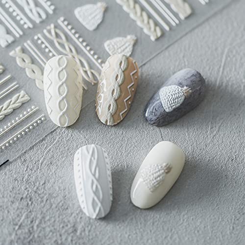 Winter Sweater Nail Art Stickers 5D Embossed Nail Decals 1PCS Elegant Sweater Pattern Self-Adhesive Nail Stickers Nail Art Supplies French Stripe Line Nail Decals for Acrylic Nails Manicure Decoration
