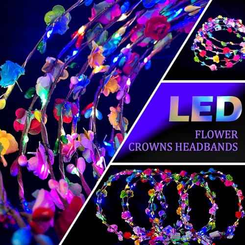 30 Pcs LED Flower Crowns Headbands,Flower Crowns For Women,Mardi Gras Light Up Headbands Tiara Flower Crown Accessories for Wedding Beach Party Birthday Cosplay Halloween Christmas Day