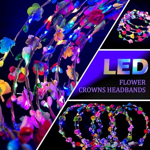 50 Pcs LED Flower Crowns Headbands,Flower Crowns For Women,Mardi Gras Light Up Headbands Tiara Flower Crown Accessories for Wedding Beach Party Birthday Cosplay Halloween Christmas Day