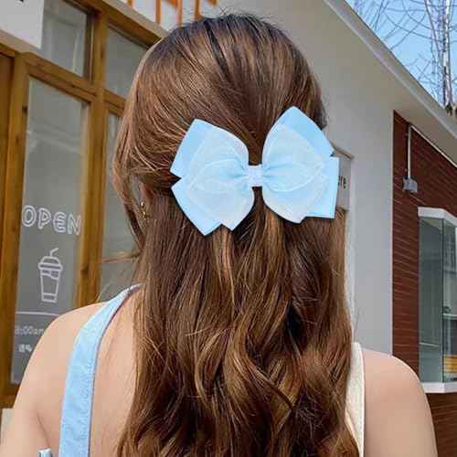 Glitter 4.5-Inch Hair Bows Organza Alligator Clips, Sequin Delicate Double Silver Thread Woven Mesh Hair Accessories for Girls, Toddler, Kids and Women Birthday Wedding - Set of 2 (Light Blue)