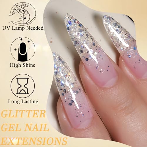 4 Pcs Glitter Nail Extension Gel Kit, Reflective Nail Polish Gel Acrylic Nail, Silver, Gold and Clear Colorful Glitter Gel Nail Extensions, Sparkle Gel Nail Extensions Kit UV/LED Needed for Home Salon