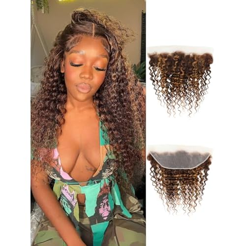 Honey Blonde Highlight Deep Wave 13x4 Lace Frontal Closure Only Human Hair, 12A Virgin 100% Hand Tied Ear to Ear Ombre Brown HD Transparent Frontal Pre Plucked P4/27 Curly Lace Frontal Remy 18In