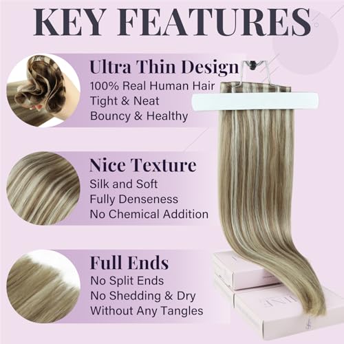 Fshine Genius Weft Hair Extensions Real Human Hair 22 Inch Light Brown with Platinum Blonde Sew in Hair Extensions Highlighted in Extensions Long Straight Hair 60g