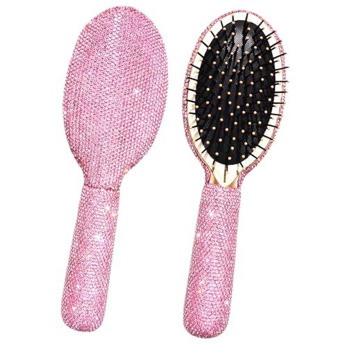 1 Pack Rhinestone Hair Brush Detangling Bling Detangle Massage Sparkle Compact Comb Crystal Air Cushion for Women Wet Dry (All Pink-Round)