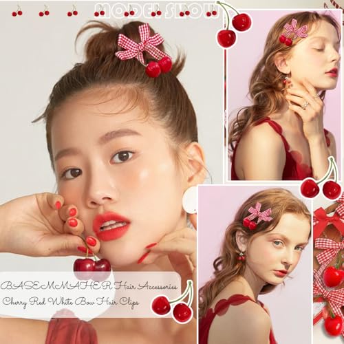 8 Pcs cherry Bow Hair Clips Hair Accessories Red White Bow Hairpin Alligator Hair Barrettes Plaid Bows Clips for Women Girls Christmas Party Hair Decoration