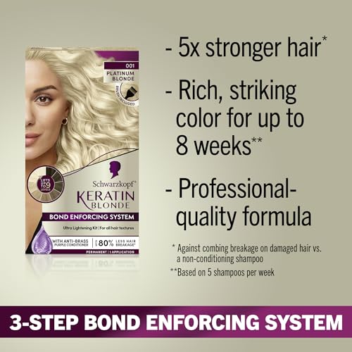 Schwarzkopf Keratin Blonde Hair Dye, 001 Platinum Blonde, Professional Quality Hi-Lift Permanent Hair Color, Bond Enforcing System Helps Prevent Breakage* Pre-Color Serum & Purple Conditioner Included