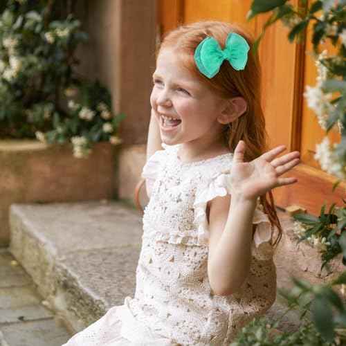 Green Hair Bow Clips 4 inch Mesh Ribbon Tulle Hairbow Barrettes Cute Handmade Christmas Party Dress outfit Decoration Accessories Easter Gift for School Kids Teens Toddler Girls Women