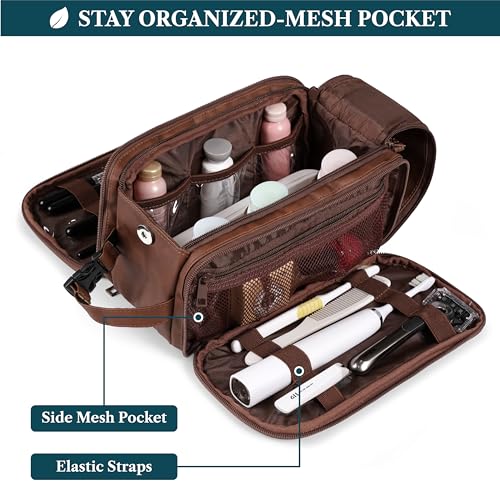 PAVILIA Toiletry Bag for Men Women, Mens Travel Bag Toiletries Organizer Case for Grooming, Travel Essentials Shaving Dopp Kit, PU Leather Water Resistant Cosmetic Pouch, Brown