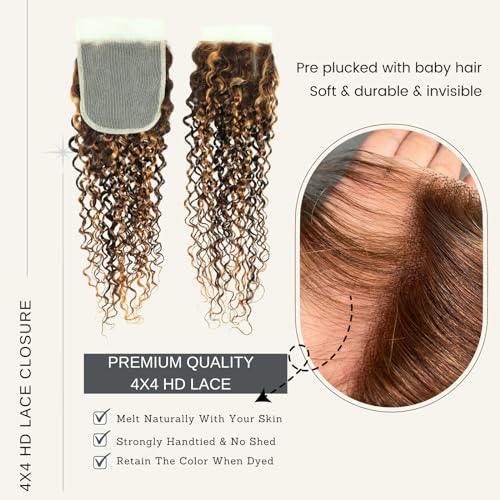 ALHER Water Wave Ombre Human Hair 4x4 Closure, 12A Honey Brown Highlight P4/27 Piano Color Wet and Wavy 100% Virgin Remy Human Hair Pre Plucked with Baby Hair Free Part Melt 4x4 Lace Closure 10 Inch