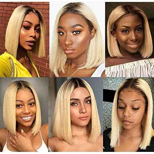 Smartinnov 1B/613 Ombre Blonde Bob Wigs Human Hair Glueless 13x4 HD Lace Front Wigs 12 Inch Pre Plucked Middle Part Virgin Hair for Women 180% Bleached Knots with Baby Hair Ombre blonde with Dark Root
