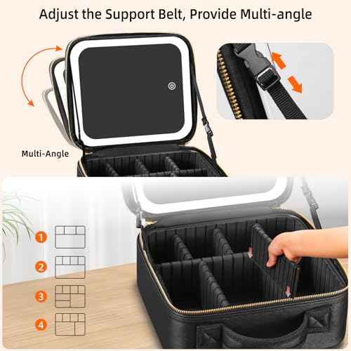Travel Makeup Bag with Mirror of LED Lighted, Makeup Train Case with Adjustable Dividers, Makeup Case with Mirror and Detachable 10x Magnifying Mirror