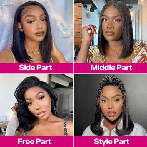 DYTJHMGL Short Bob Human Hair Wig - 250% Density Pre-Plucked Bone Straight HD Lace Front with Bleached Knots, 12 Inch