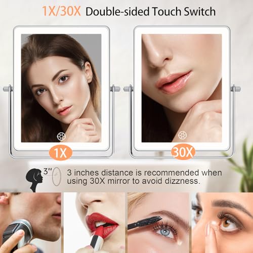 FASCINATE 5000mAh Rechargeable Wall Mounted Makeup Mirror, 8.7" Double Sided Touch Switch 1X/30X Rectangle Wall Mounted Magnifying Mirror with Light, 3 Color Setting, Extended Arm 360¡Æ Swivel Foldable