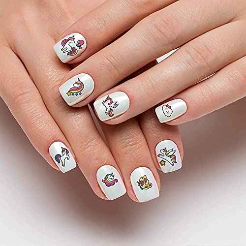 Unicorn Nails Stickers Rainbows Hearts Stars Cupcakes Cute Kids Fake Art Finger for Girls 6+ Years Decal kit Transfer Set Birthday Party Bags Children Stocking Filler Gift