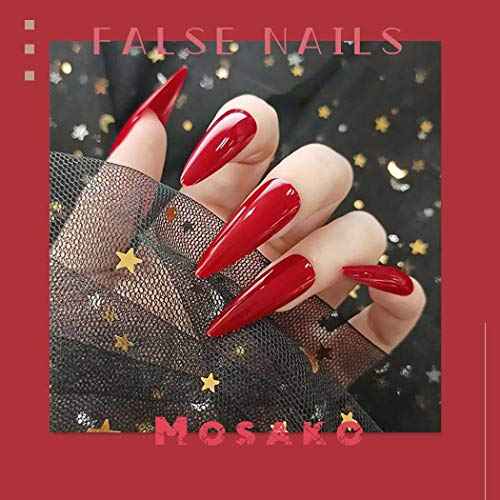 Mosako Stiletto Press on Nails Extra Long Fake Nail Red False Nails Tips Glossy Full Cover Acrylic Nails Faux Fingernails Manicure Designed Stick on Nails for Women and Girls 24Pcs