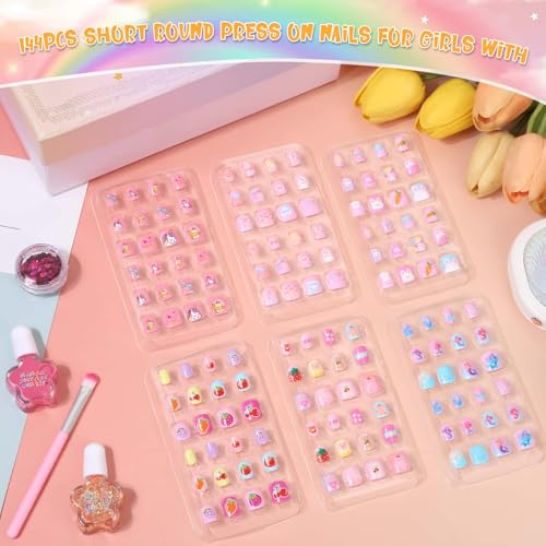 144 Pcs Small Kids Nails Set, Thrilez 6 Pack Mini Press on Nail Pre-glue Artificial False Acrylic Nails Set for Little Girl Children