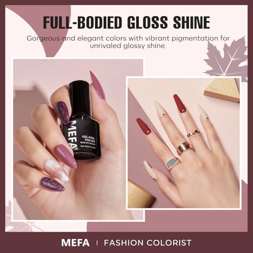 MEFA Fall Gel Nail Polish Set, 12 Colors Burgundy Red Nail Polish Set Champagne Gold Glitter Nail Polish Gel Soak Off Dark Red Purple Shimmer Nude Brown Manicure Gifts for Women Girl DIY Salon Home