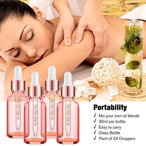 PrettyCare 4 Pack 1oz Dropper Bottles for Essential Oils with Labels, Funnel & Measured Pipettes, 30 ml Leak Proof Rose Glass Essential Oils Bottles- Empty Tincture Bottles for Personal Care & Beauty