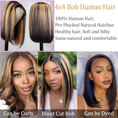 Straight Highlight Ombre Bob Wig Human Hair 4x4 Lace Front Wigs 1b/30 Colored Highlights Honey Blonde Lace Closure Wigs Glueless Pre Plucked Hairline 180% Density Bob Wigs for Women 14 Inch