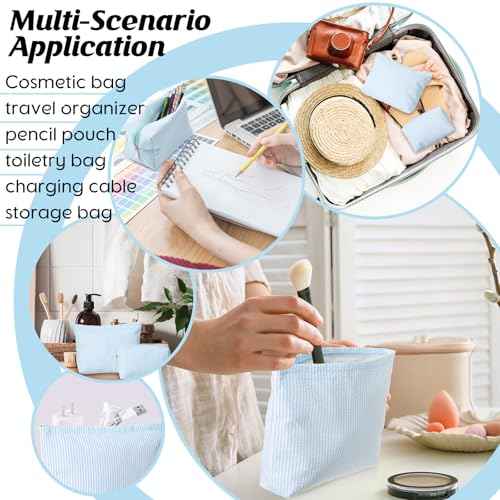 2 Pieces Makeup Bag Set Cute Cosmetic Pouch for Women Seersucker Travel Toiletry Bag Preppy Small Makeup Purse Pouch Aesthetic Skincare Brushes Storage Organizer for Women(Light Blue)