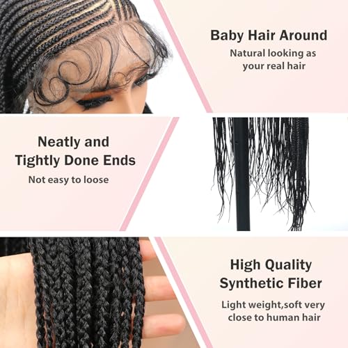 lumeng 13X6 HD Lace Front Cornrow Braided Wigs for Women Knotless Braided Wigs 32" Box Braid Wig with Baby Hair Premium Synthetic Lemonade Braids Natural Looking Hair Black Braided Lace Front Wigs