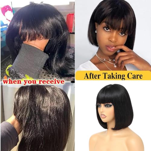ROSELINE Short Bob Wig Human Hair Glueless HD 1X3 Lace Closure Human Hair Bob Wig With Bangs For Black Women (12Inch)