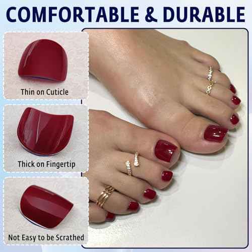 Press on Toenails Short Square Burgundy Fake Toenail Glue ons Glossy Acrylic False Toe Press on Nails Artificial Toe Nail Tips for Women Girls,180Pcs