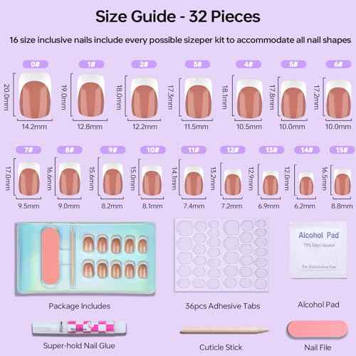 32 PCS Short Square Nude Brown Press on Nails- French Tip Gel Nail Fake Nails, 16 Sizes Glue On Nails Kit, Reusable False Nails with Mini Nail File for Women - Nude Brown Short Square