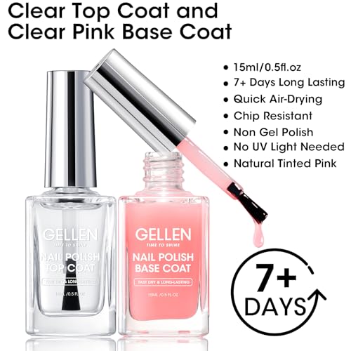 GELLEN Clear Nail Polish Base Top Coat, Sheer Pink Tinted Base Coat & Shine No Wipe Top Coat for Strengthening Thin Damaged Natural Nails, Quick Dry Regular Nail Polish No UV Gel, Hema Free, Non-toxic