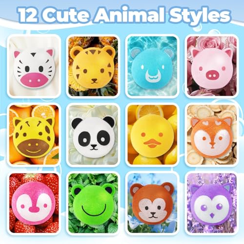Bath Bombs for Kids with Surprise Toys Inside, 12 Pcs Bubble Bath Fizzy Balls with 12 Animal Shapes, Natural Bath Bombs Easter Christmas Children's Day Gift Set for Kids Girls Boys Toddlers