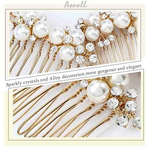 Asooll Gold Wedding Pearl Hair Comb Bride Crystal Hairpiece Bridal Rhinestone Hair Clip Hair Accessories for Women (Set of 2) (A-Gold)