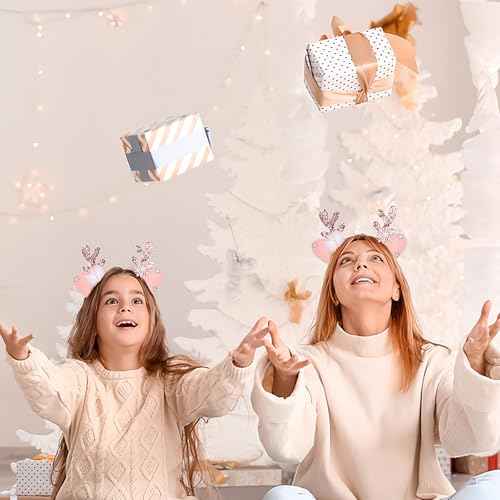 DIUEWOW Reindeer Antlers Headband Christmas Deer Horn Ears Head Band Glitter Pink Hair Hoop Snowflake Deer Antler Headpiece Elk Antler Cat Headdress Christmas Headband for Women Girl Hair Accessories