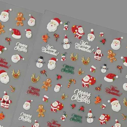 1 Sheets Christmas Nail Art Stickers Decals 5D Self-Adhesive Pegatinas U?as Santa Claus Snowman Gingerbread Man Xmas Winter Holiday Cute Elk Nail Supplies Nail Art Design Decoration Accessories