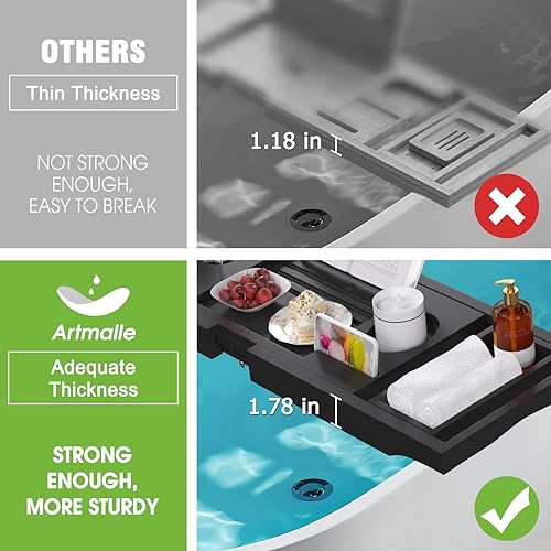 Artmalle Bathtub Caddy Tray - Expandable and Foldable Bath Tray for Tub, Luxury Bamboo Bath Caddy Tub Table, Bathtub Accessories with Book Holder and Free Soap Dish, Black