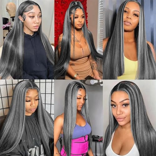 P1Bgrey Bundles Highlight Straight Human Hair Bundle 8A Grade Grey Hair Weave Two Tone Salt And Pepper 3 Bundles 22 22 22 Inch #1Bgray Ombre Straight Bundle