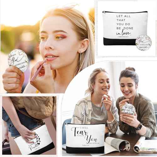 Kacctyen 20 Pcs Christian Gift for Women Bulk 10 Inspirational Religious Canvas Makeup Bag 10 Mini Christian Compact Mirrors Religious Gifts for Pastor Church Christmas Thanksgiving Gifts(Classic)