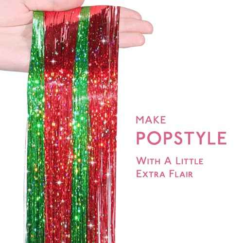 WENNALIFE Hair Tinsel for Girls, Chrismas Fairy 2PCS Red 2PCS Green 1PCS Gold 1PCS Silver 1200 Strands 6PCS 48 Inch Glitter Tinsel Hair Extensions Christmas Gift Sparkle Strands