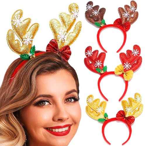 Christmas Headbands Reindeer Antlers Headband Bow Antler Headwear Xmas Hair Hoop Bell Christmas Party Costume Hair Accessories for Women (Pack of 3)